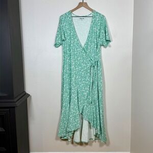 Lands' End Women Wrap Dress 1X Green Floral Short Sleeve High Low Ruffle Trim